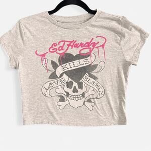 Ed Hardy women’s grey and pink skull crop top Size Large